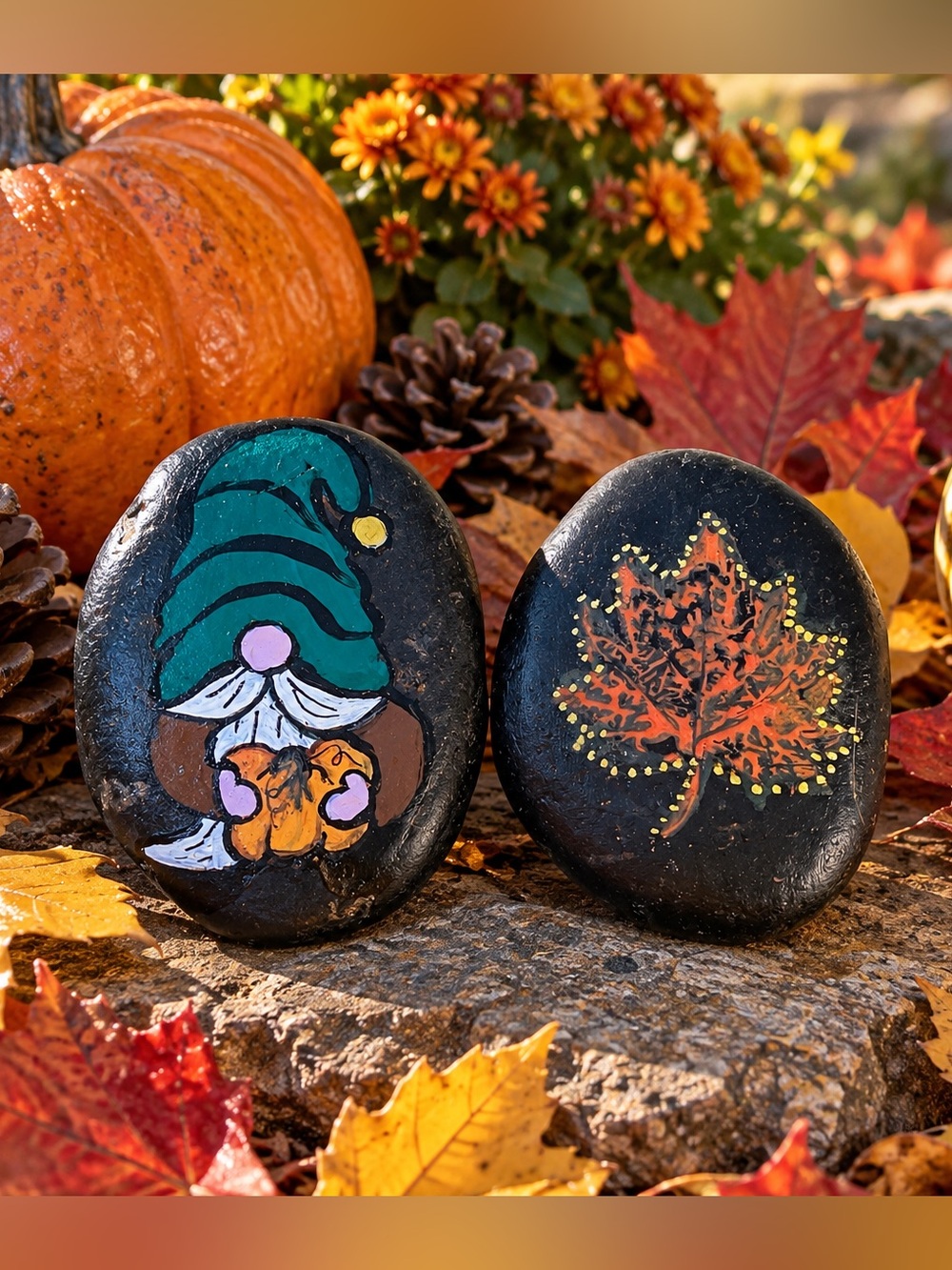 Hand crafted painted gnome leaf rocks black stones orange pumpkin set of 2 Fall